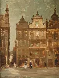 Henri Logelain, Vue animé de la Grand Place de Bruxelles, huile sur panneau