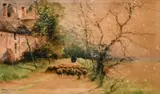 Maurice Hagemans, Le retour du berger et son troupeau, aquarelle et gouache sur papier