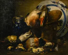 Antoine Vollon, Nature morte au gibier, cruche et plat en Delft, Huile sur toile