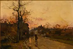 Fausto Giusto, Crépuscule à l'entrée du village, Huile sur toile