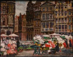 Edouard Rombaux, Marché au fleur sur la Grand Place de Bruxelles, huile sur toile
