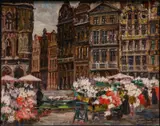 Edouard Rombaux, Marché au fleur sur la Grand Place de Bruxelles, huile sur toile