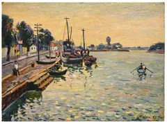 Nicolae Gârbaciu, Port de Sulina, 1956, huile sur bristol