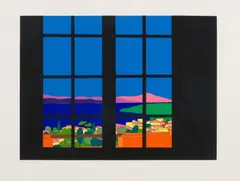 Pierre Scholla, Saint Tropez, derrière la fenêtre, lithographie en couleur, justifiée E.A en bas à gauche et signée en bas à droite