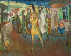 Joris Houwen, Scène animée au village, huile sur toile