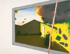 Roger Raveel, Bliksem, 1970, lithograph depicting a landscape with a house in vivid green and yellow hues