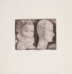 Untitled by Jiří Anderle, Etching in brown tones depicting the portraits of a young woman with a Renaissance ruff, sold Feb 2026