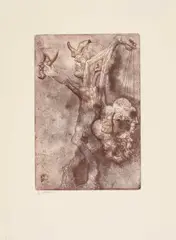 Untitled by Jiří Anderle, Etching in brown tones depicting an expressive figure holding up a mask while carrying, sold Feb 2026