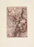 Jiří Anderle, Untitled, Etching in brown tones depicting an expressive figure holding up a mask while carrying