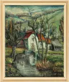 Thei Storcken, Landschap met boerderij aan water, Oil on canvas Signed lower right