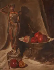 P.a. Roebeling, Stilleven met beeld en schaal Appels, Oil on artist’s board