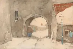 Ype Wenning, Winters stadsgezicht, Watercolour depicting a winter city scene