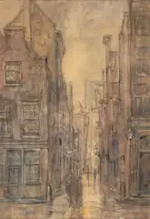 Henri Pieck, Stadsgezicht met figuur, inkt en wasserige verf
