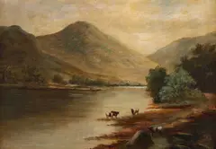 Edward Charles Williams, Rivierlandschap met Vee, oil on panel Atmospheric river landscape with gently rolling hills in the backgroun