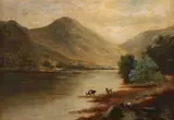 Edward Charles Williams, Rivierlandschap met Vee, oil on panel Atmospheric river landscape with gently rolling hills in the backgroun