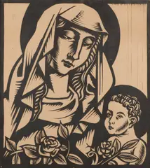 René Smeets, Maria met Kind, Woodcut Signed lower right