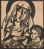 René Smeets, Maria met Kind, Woodcut Signed lower right