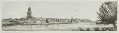 Cor van der Woerd, Gezicht op Deventer, ca. 1900, Etching depicting a panoramic view of the city of Deventer along the River IJssel