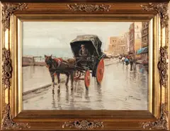 Giacomo Picollo, Stadsgezicht met paard en wagen, circa 1950, Oil painting on canvas depicting a rainy street scene with horse and carriage