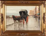 Giacomo Picollo, Stadsgezicht met paard en wagen, circa 1950, Oil painting on canvas depicting a rainy street scene with horse and carriage