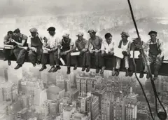 Lunchtime Atop a Skyscraper by Charles Clyde Ebbets, 1932, photograph depicts construction workers seated on a steel beam high above Manhattan, sold Apr 2026