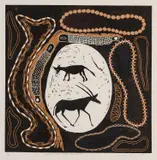 Qaeqhao Moses, Ostrich Egg Shell Jewellery, pencil lower margin linocut printed in colours on wove paper with margins
