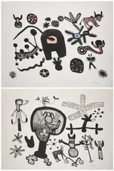 Qmao, (I) TWO SNAKES AND A MAN (II) OLD PEOPLE AND SPIDER (i), pencil lower margin (ii)