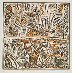 Coex'ae Qgam, Birds And Trees, linocut on handmade paper