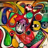 Hendrick Lilanga, Wapendanao Wanapiga Picha Ya Pamoja Gardeni (Lovers Taking A Photo Together In The Garden), acrylic on canvas