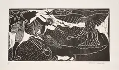 Thamae Kaashe, (I) MAN WITH MOUTH VIOLIN (II) AN EAGLE, MAN AND MONITOR LIZARD (III) MAN RUNNING AWAY AFTER ATTACKED (i), etching on wove paper (ii) & (iii) linocut on wove paper (i)