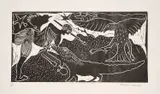 Thamae Kaashe, (I) MAN WITH MOUTH VIOLIN (II) AN EAGLE, MAN AND MONITOR LIZARD (III) MAN RUNNING AWAY AFTER ATTACKED (i), etching on wove paper (ii) & (iii) linocut on wove paper (i)