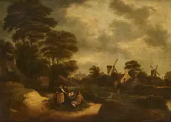 Klaes Molenaer, A Family By A River With Windmills In The Distance, oil on panel