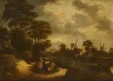 Klaes Molenaer, A Family By A River With Windmills In The Distance, oil on panel