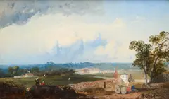 James Baker Pyne, Figures Before A Town, oil on canvas laid down on panel