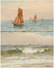 Frederick W. Baker, (I) SAILING BOATS AT SUNSET; (II) BREAKING WAVES – A PAIR (i), oil on board both