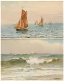 Frederick W. Baker, (I) SAILING BOATS AT SUNSET; (II) BREAKING WAVES – A PAIR (i), oil on board both