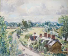Cottages By A River by Fairlie Harmar, oil on canvas, sold Mar 2026
