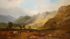 George Shalders, A Mountainous Highland Landscape With Cattle By A River, oil on canvas
