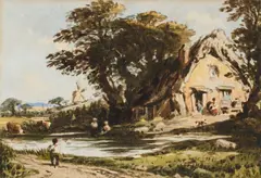 John Varley, Figures By A Cottage With A River Running Past, A Windmill Beyond, watercolour over pencil on paper