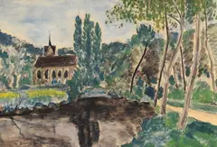 André Dunoyer de Segonzac, Chapelle au bord d'une rivière, aquarelle et encre sur papier