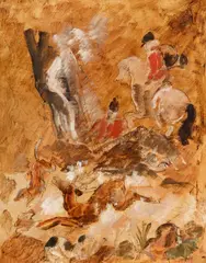 Charles Dufresne, La chasse à courre, huile et encre sur papier marouflé sur toile