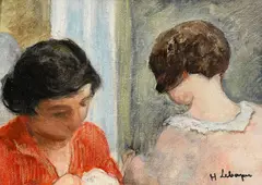 Henri Lebasque, Femme et jeune fille, huile sur toile marouflée sur panneau
