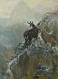 Karl Wagner, Chamois à flan de montagne enneigé, 1936, huile sur toile