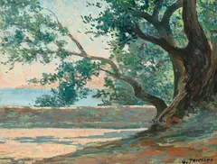 Gaston Thiesson, Arbre au bord de l'eau, huile sur toile marouflée sur panneau