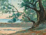 Gaston Thiesson, Arbre au bord de l'eau, huile sur toile marouflée sur panneau