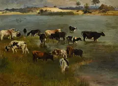 Anton Dieffenbach, Vaches s'abreuvant, 1874, huile sur toile
