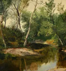 Alexandre Calame, Arbres et plan d'eau, vers 1850, huile sur papier marouflé sur toile