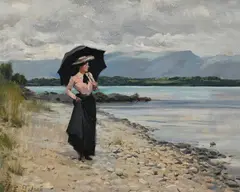 Frédéric Dufaux, Dame à l'ombrelle au Léman, vers 1900, huile sur toile