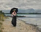 Frédéric Dufaux, Dame à l'ombrelle au Léman, vers 1900, huile sur toile