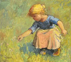 Karl Schenk, Fillette cueillant des fleurs, huile sur masonite